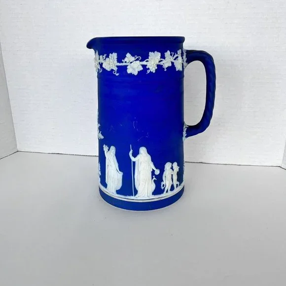 Vintage Wedgwood Dark Cobalt Blue & White Jasperware Pitcher 6-1/4 Tall